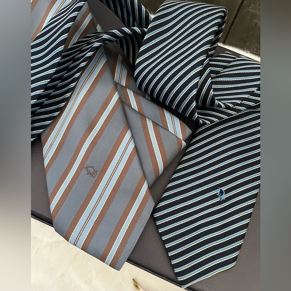 DIOR (2) Christian Dior Monsieur Blue Stripped Mens Necktie Tie (s)